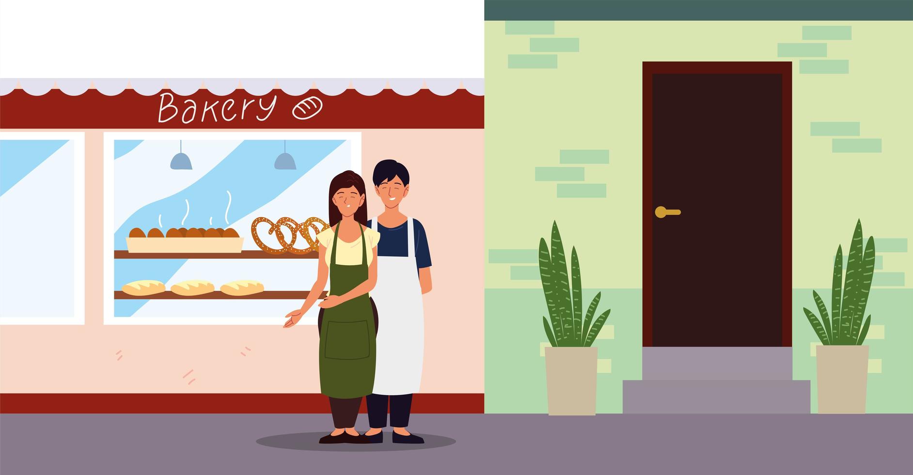 couple with apron in the street bakery facade vector