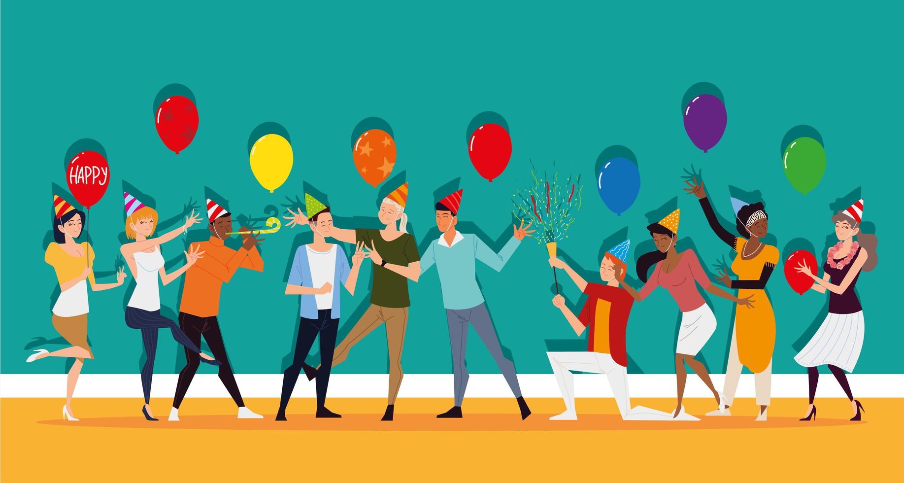 hombres y mujeres divertidos en fiesta con globos y confeti. vector