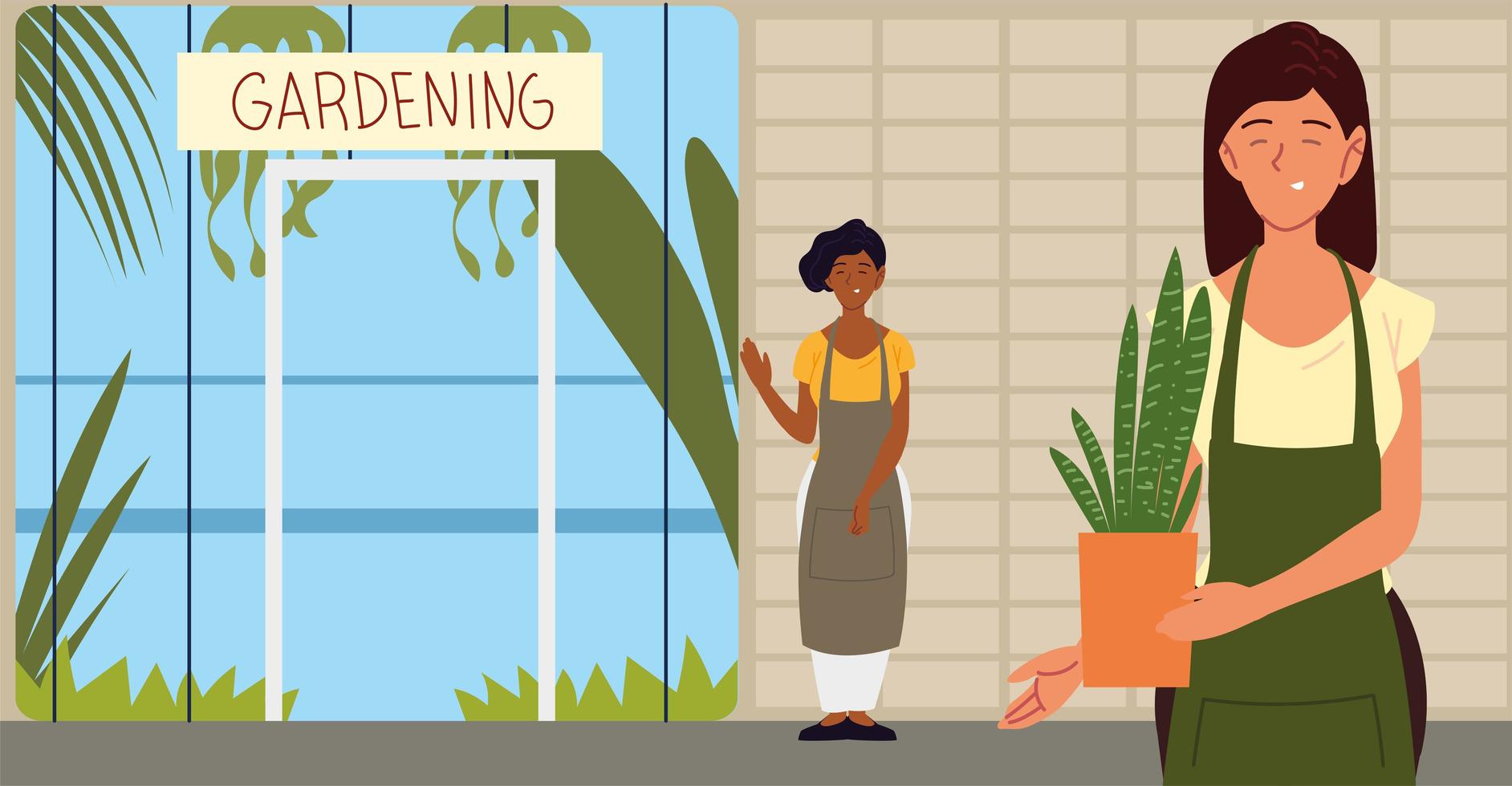 young women with plants in door gardening store vector