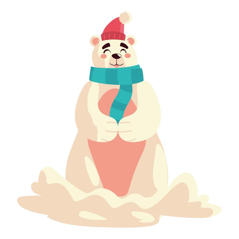 lindo oso polar con bufanda y sombrero en la nieve personaje de dibujos animados navidad vector