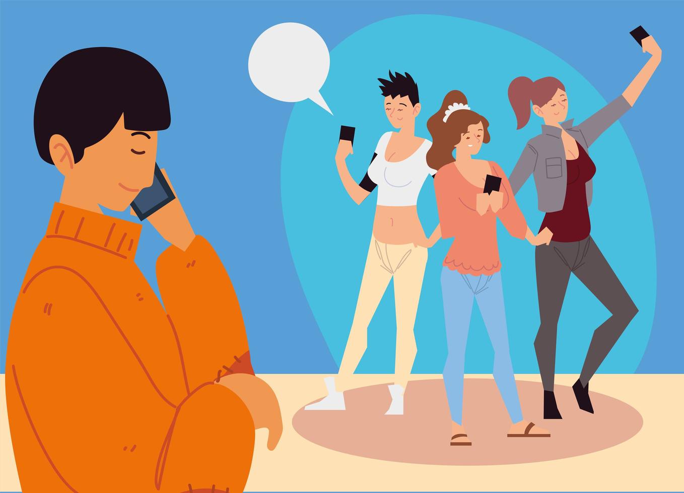 people using smartphone, women taking selfie and man calling vector