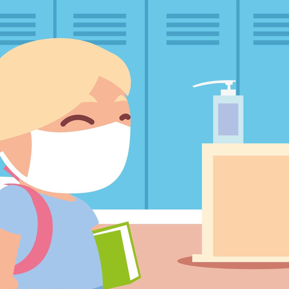 back to school, cute girl student with dispenser hands sanitizer, new normal vector