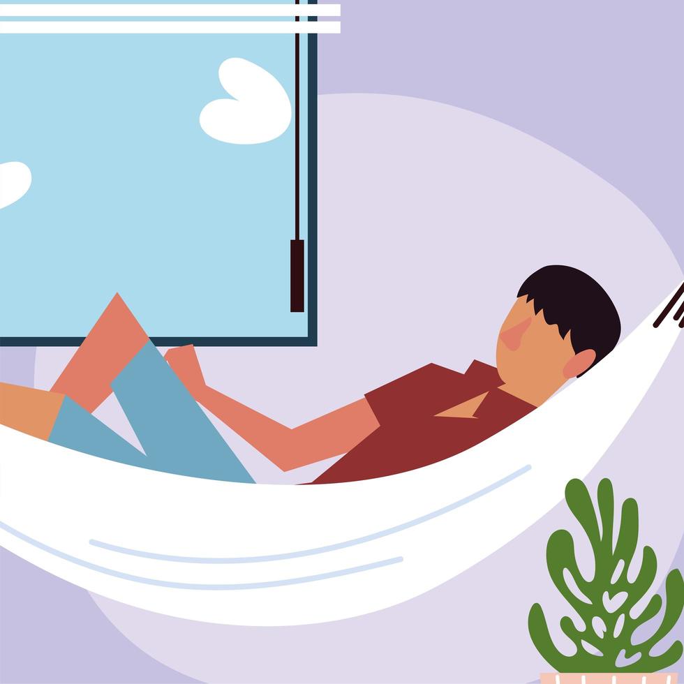 guy resting on hammock next at window in the room vector