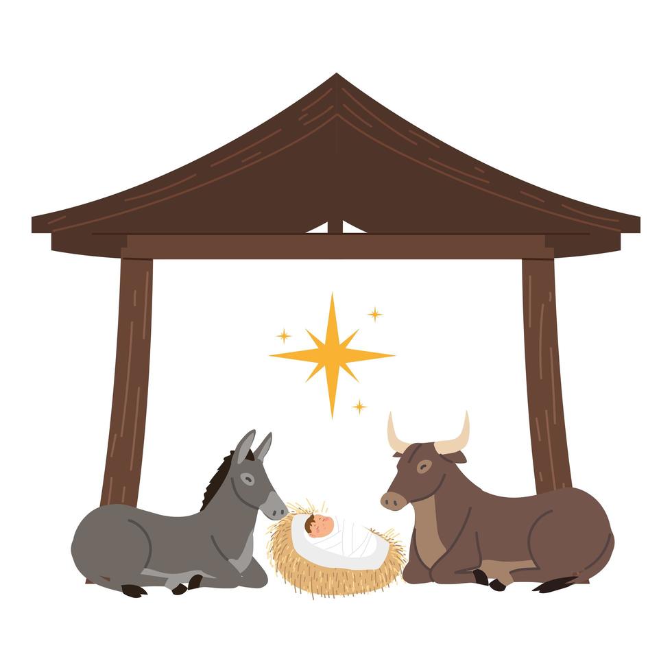 nativity, manger scene baby jesus with donkey and ox in the hut vector