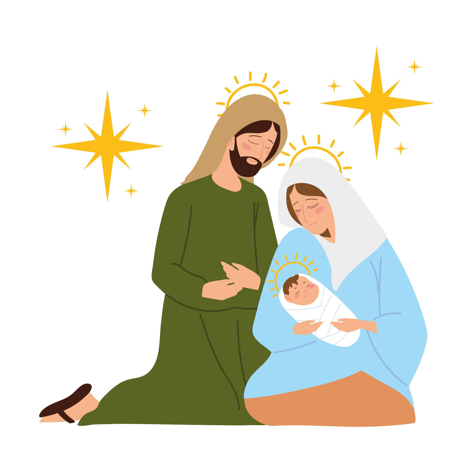 nativity, manger scene holy family together and stars 2678794 Vector