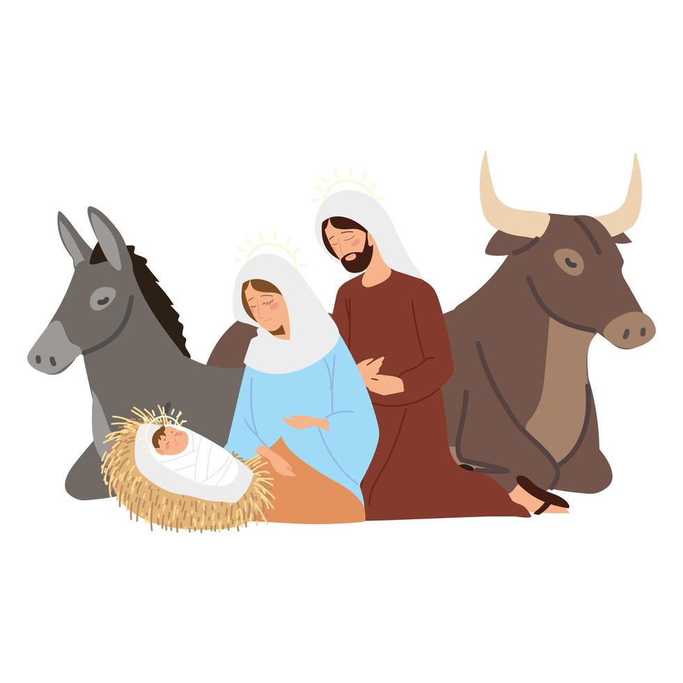 natividad, pesebre escena santa maría con niño jesús josé burro y buey vector