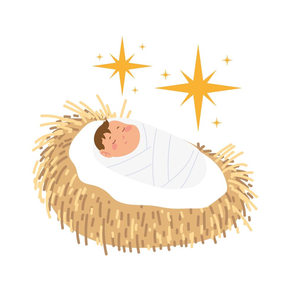 natividad, pesebre lindo bebé jesús en la cuna de dibujos animados vector