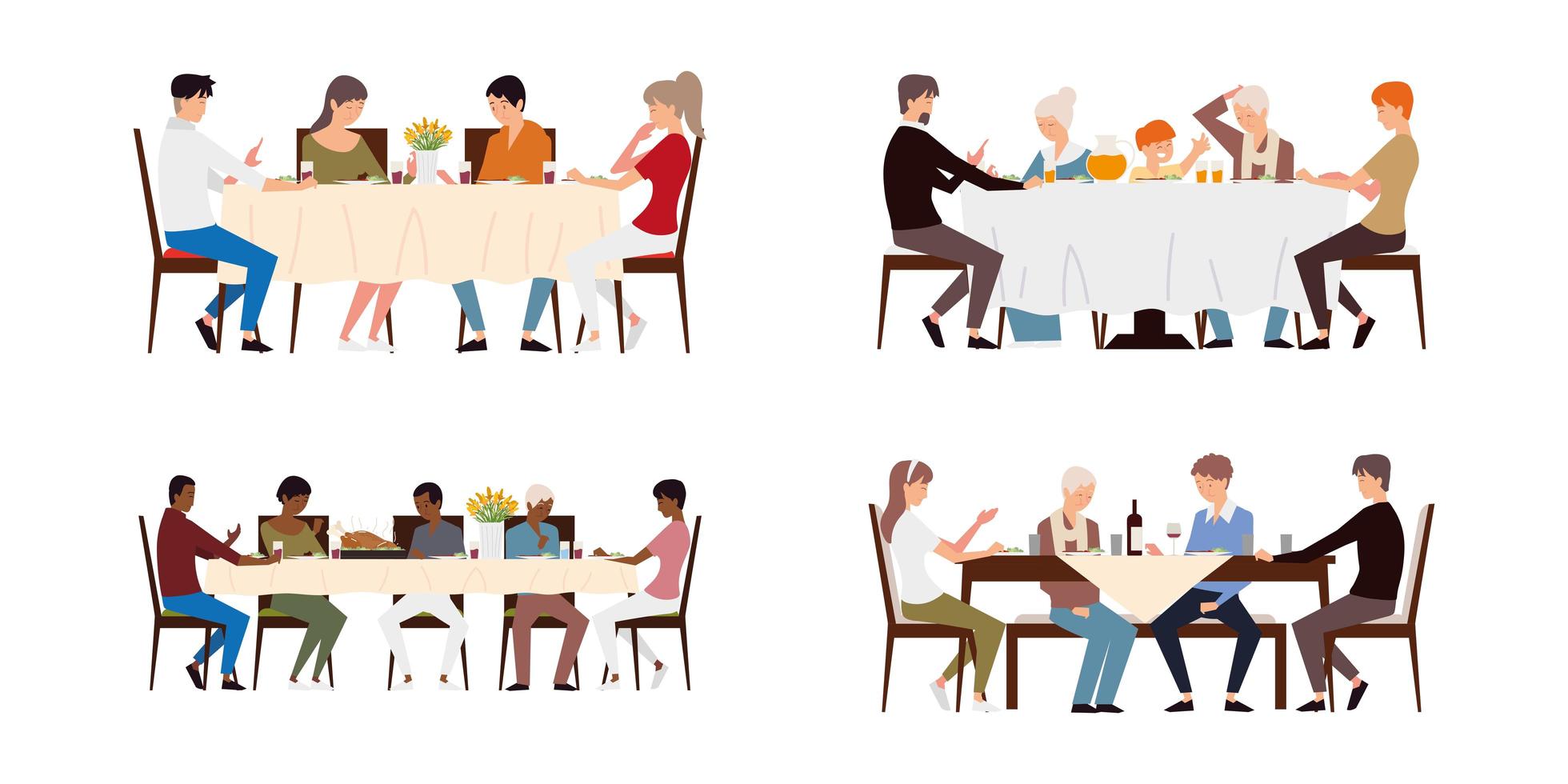 family dinner, parents, grandparents and children eating sitting at table, set vector