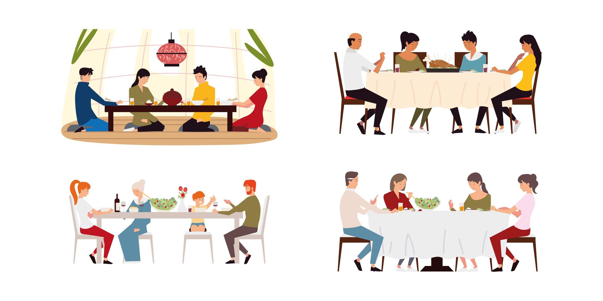 cena familiar, padres diferentes, hijo, hija sentada en la mesa, set vector