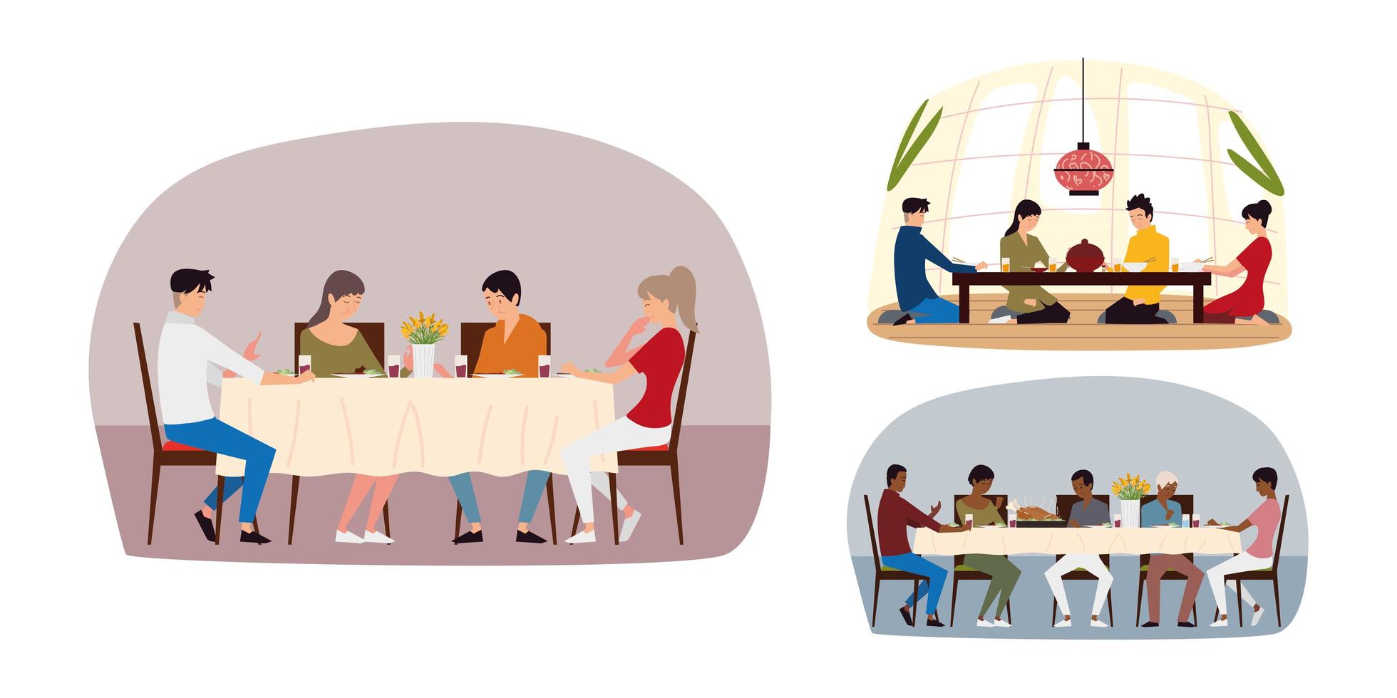 different families sitting at the tables and eat food vector