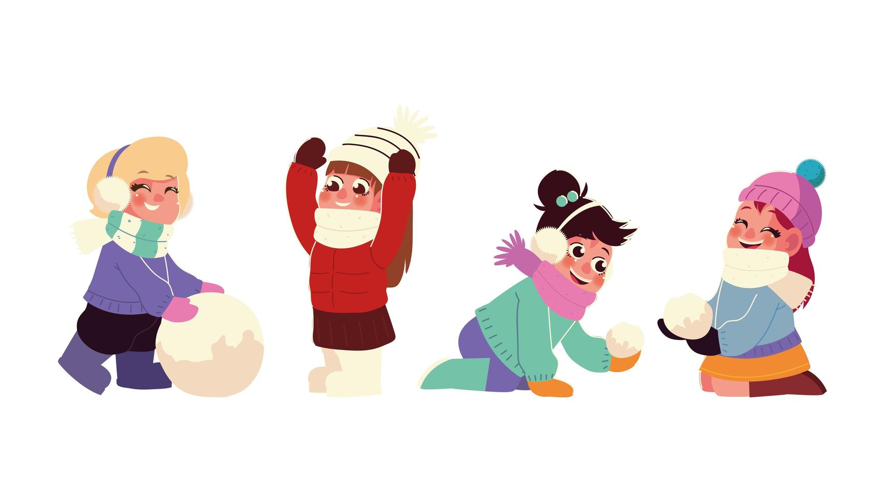 happy little girls playing with the snowballs in winter season vector