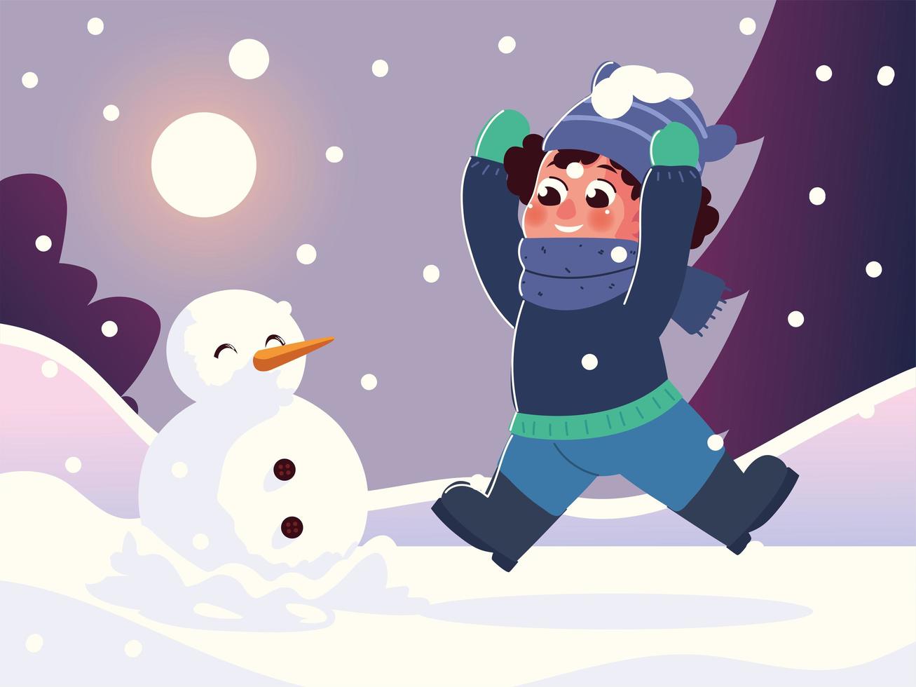 lindo niño haciendo un muñeco de nieve en la escena de invierno vector