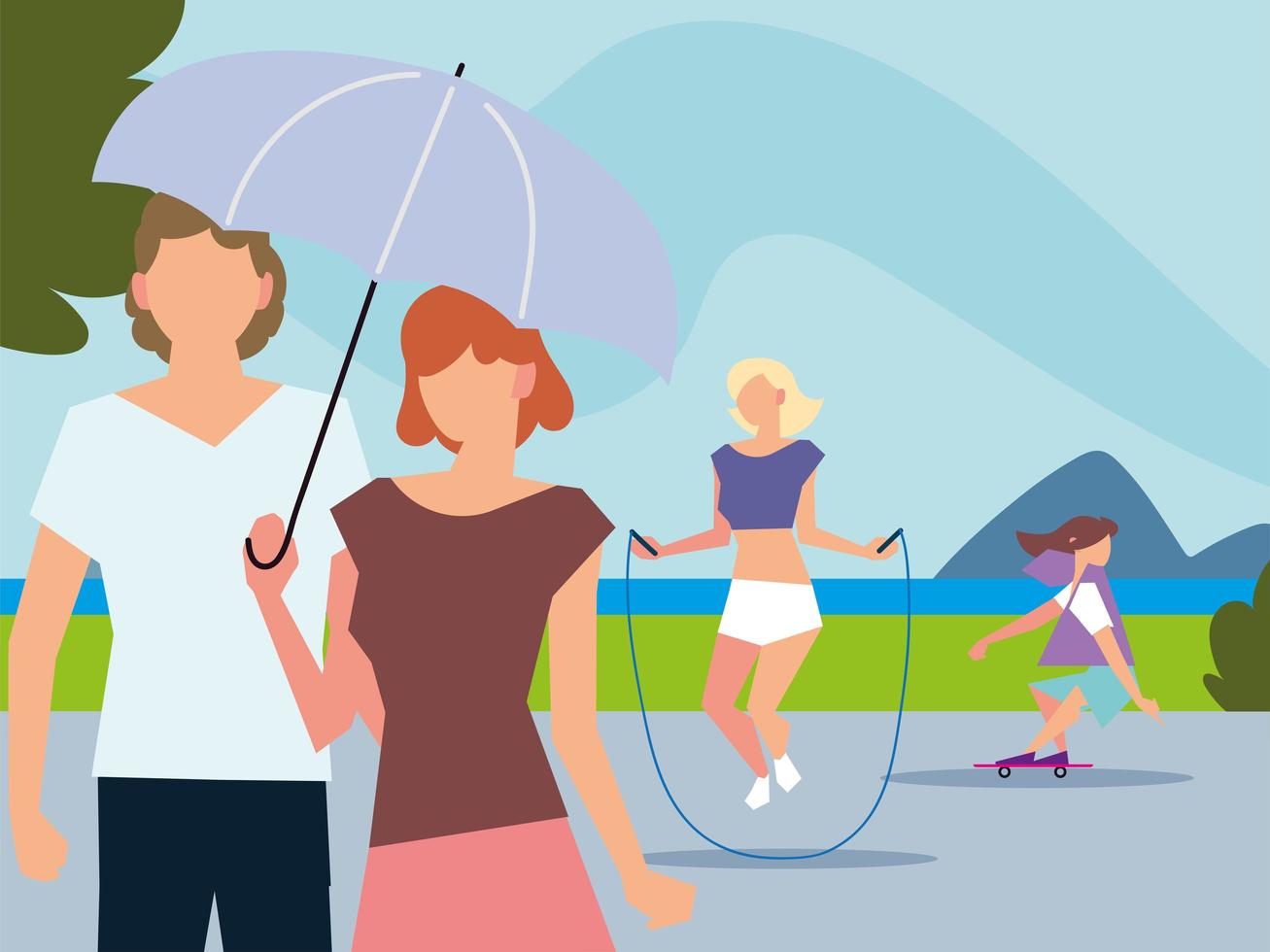 people walking with umbrella, jumping rope and riding skateboard activities outdoor vector
