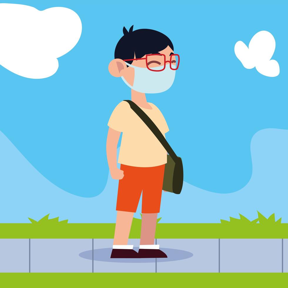 back to school for new normal, student cute boy with mask and bag vector