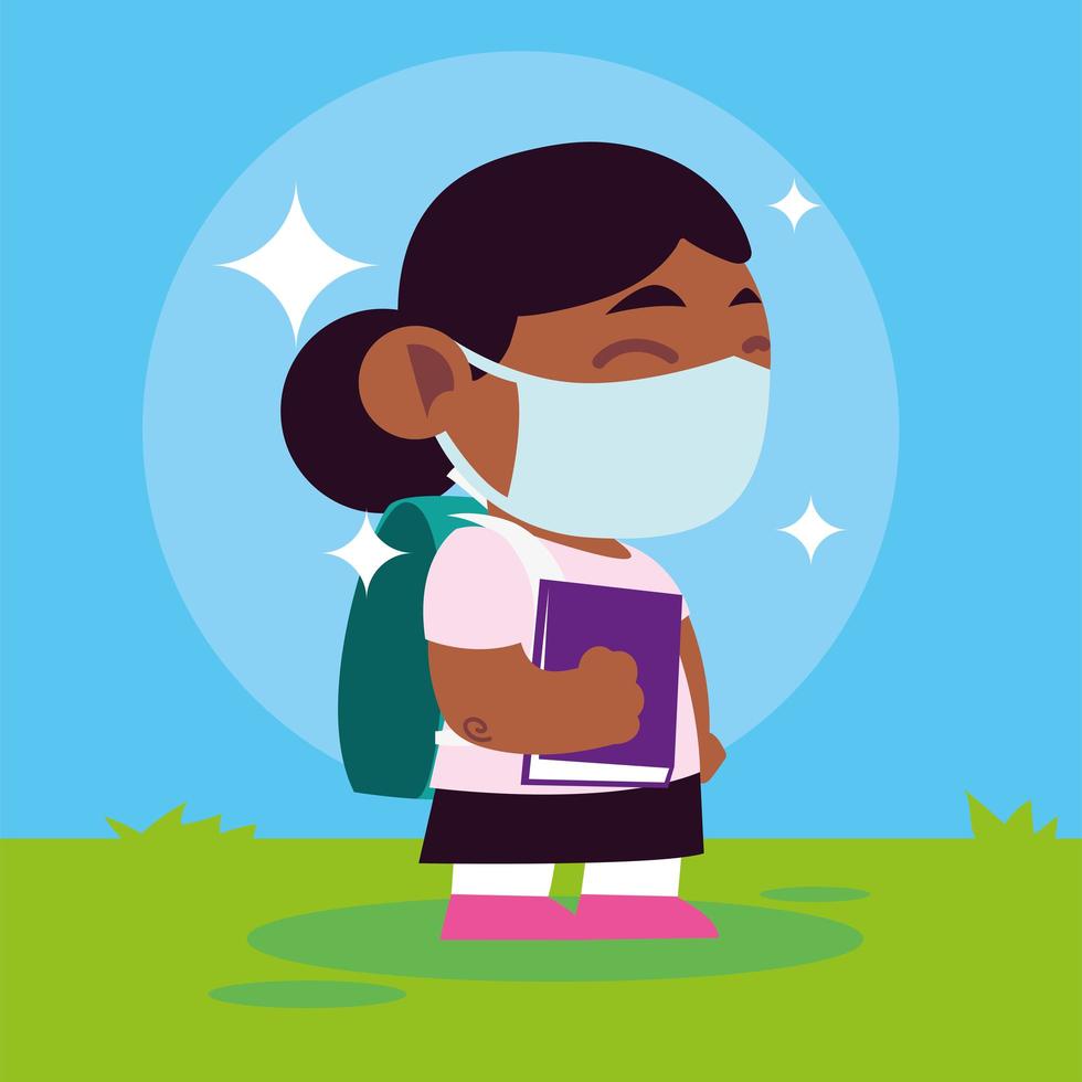 back to school for new normal, cute girl student with mask book and backpack vector