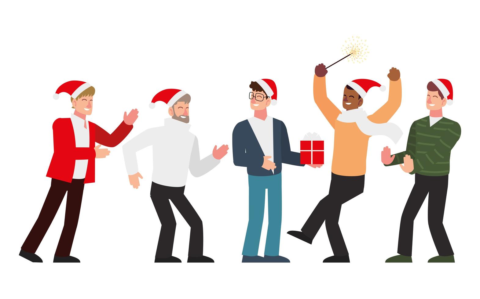 christmas people, men group season celebrating with gift and fireworks vector