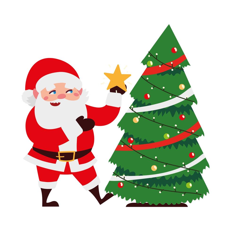 christmas santa claus decorating tree with star cartoon character vector