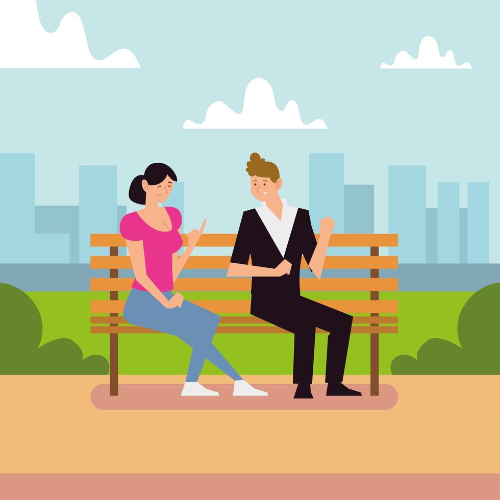 young couple talking sitting on bench park vector