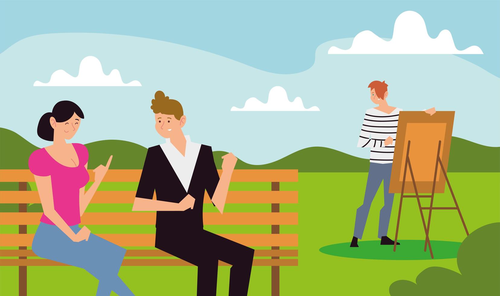 people outdoor activity, couple on bench and man painting vector