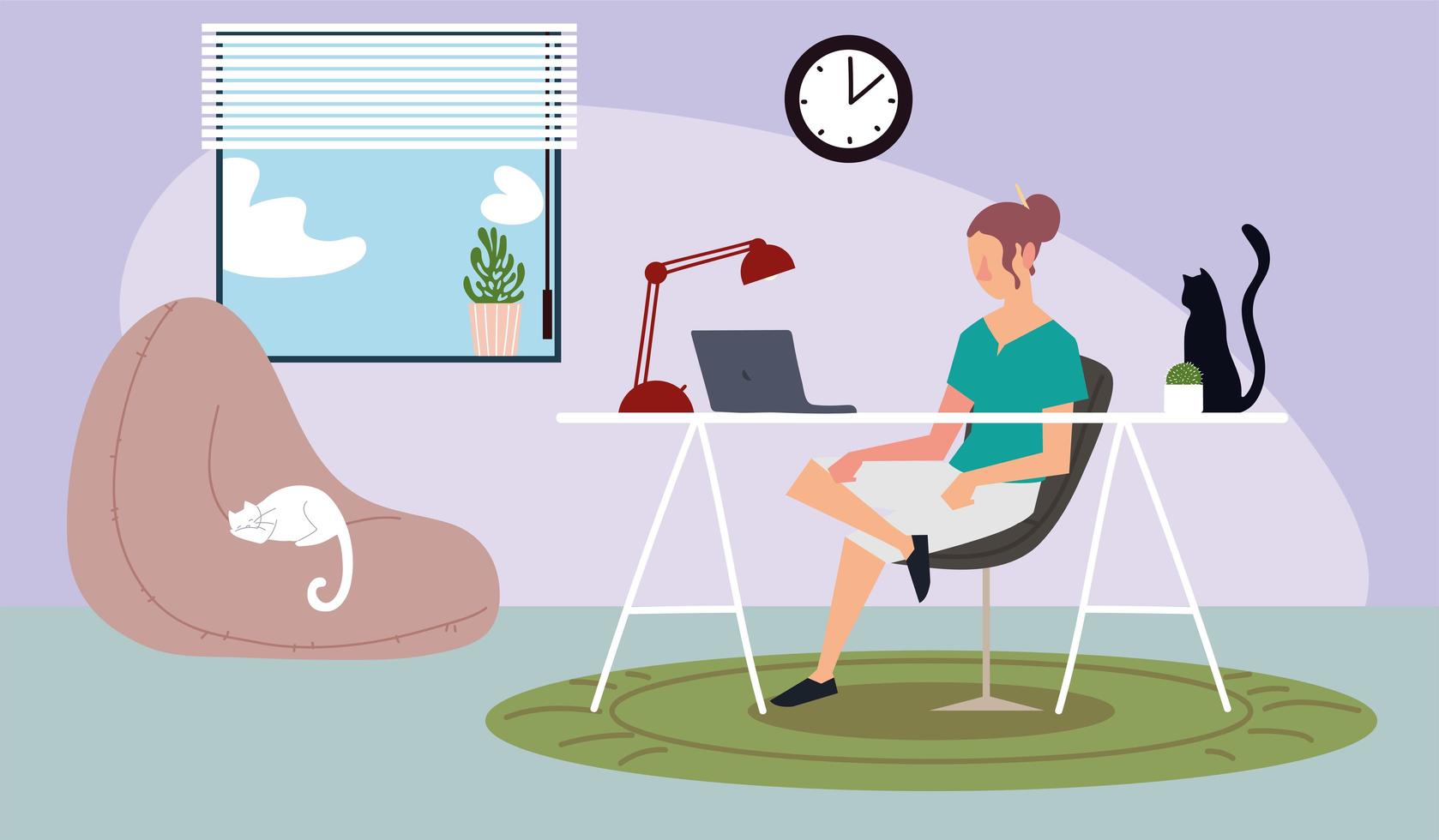 woman in home with laptop desk workspace vector