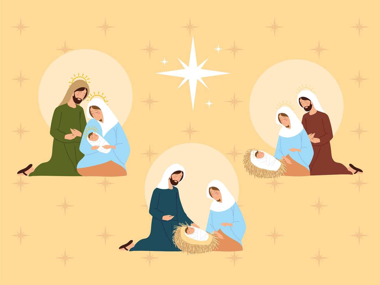 natividad, diferente sagrada familia juntos pesebre escena vector