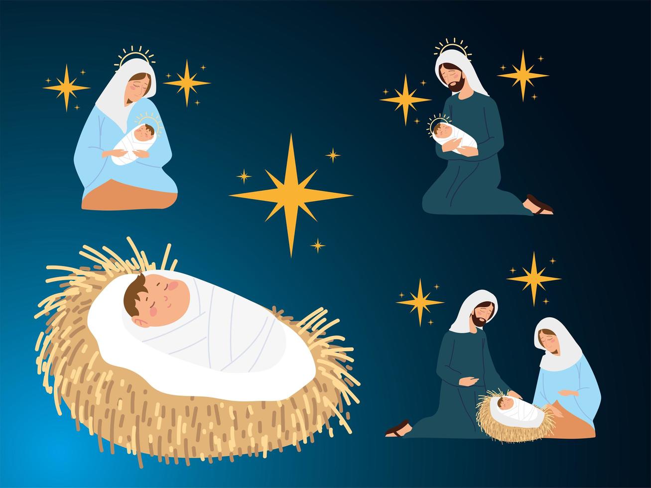 nativity, manger scene icons mary with baby joseph vector