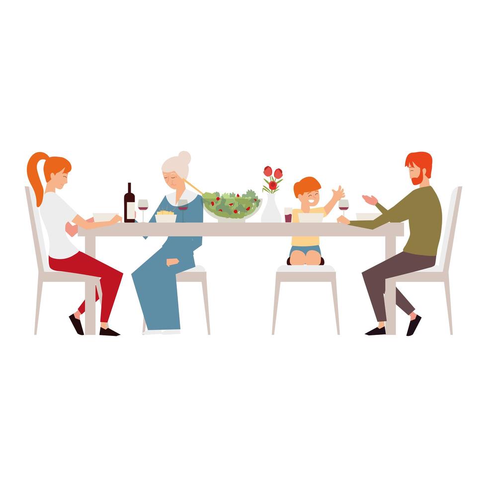 padres abuela e hijo pequeño juntos en la mesa de comedor vector