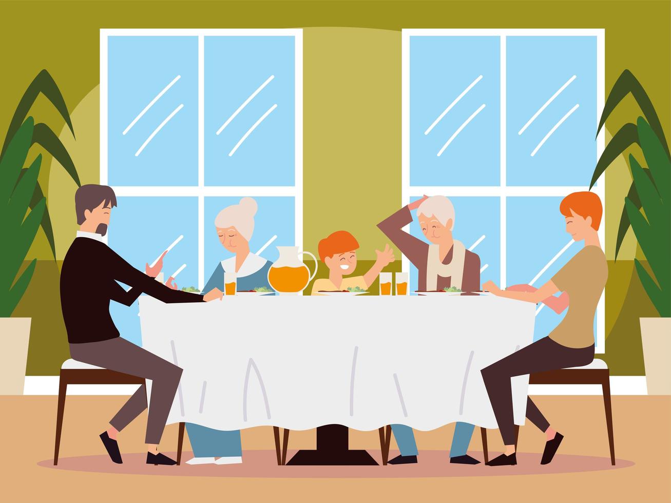 family dinner, father, mother, son, grandmother at table vector