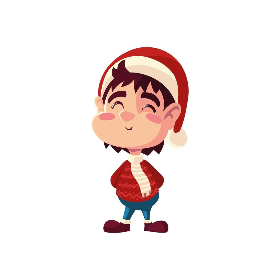 Cute little boy con santa hat personaje de dibujos animados de Navidad sobre fondo blanco. vector