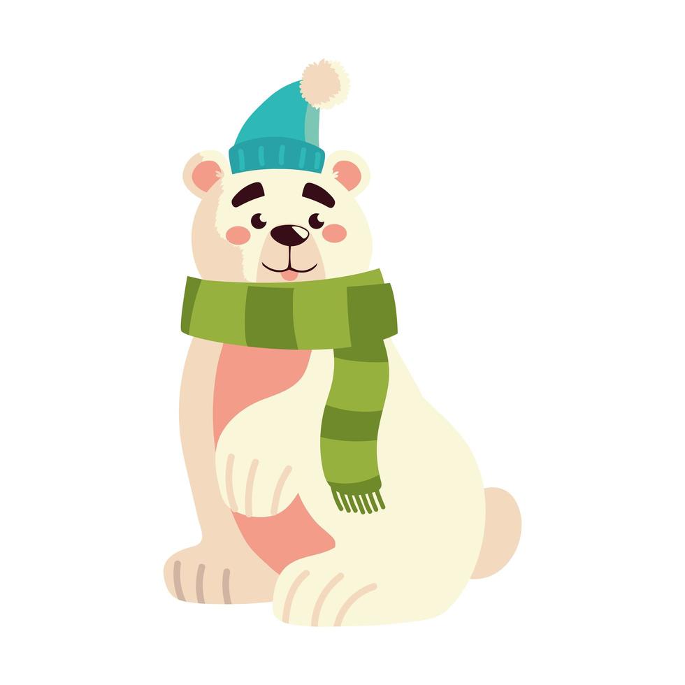 lindo, oso polar, con, bufanda, y, sombrero, carácter, caricatura, navidad, en, fondo blanco vector