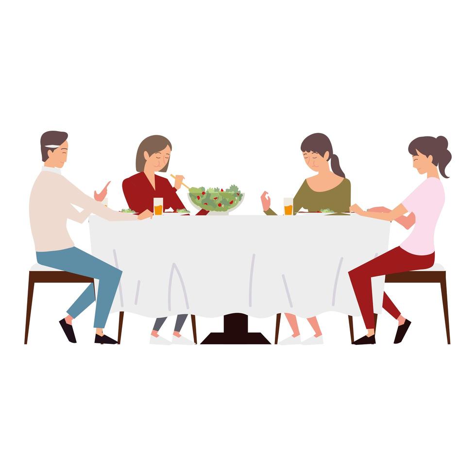 family having a dinner together at table, parents and daughters vector