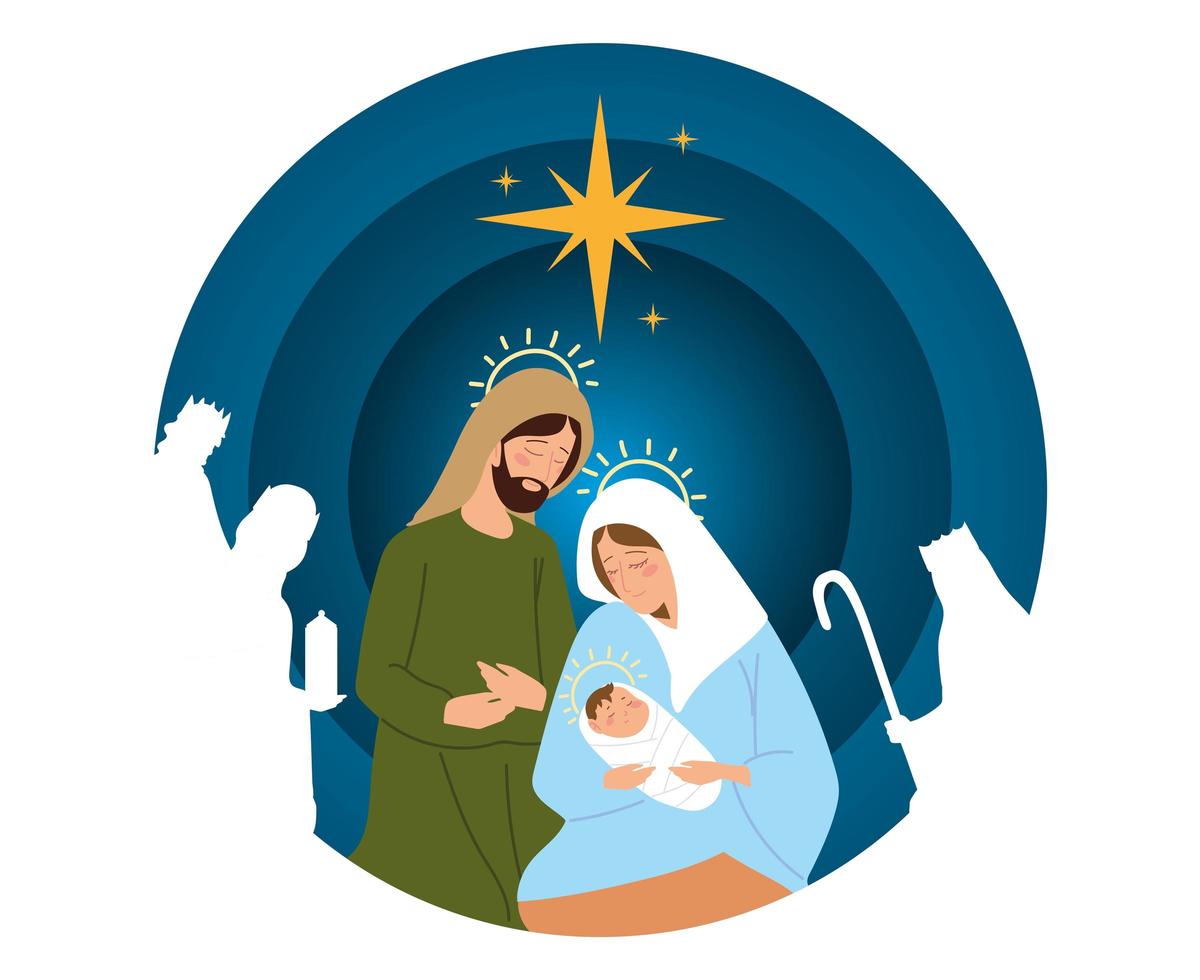 natividad, escena del pesebre joseph maría niño jesús y reyes sabios en tarjeta de silueta vector