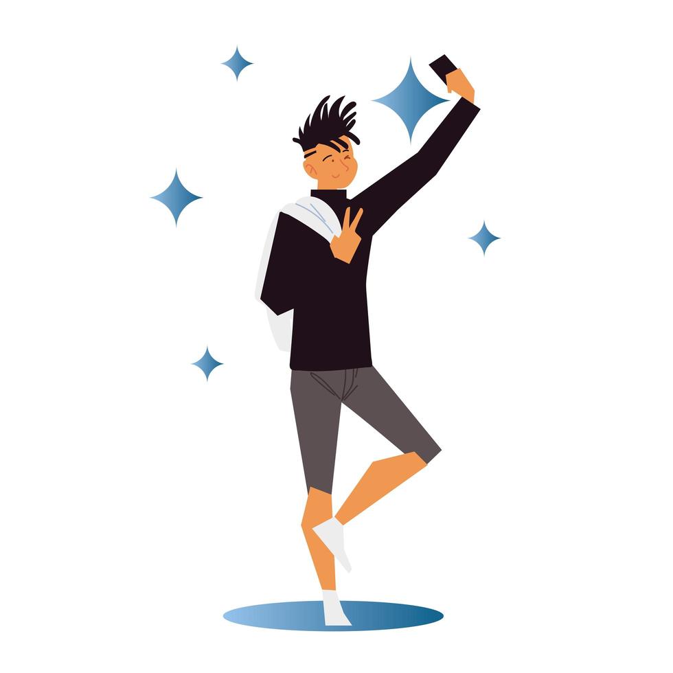 young man takes a selfie with smartphone in hand vector