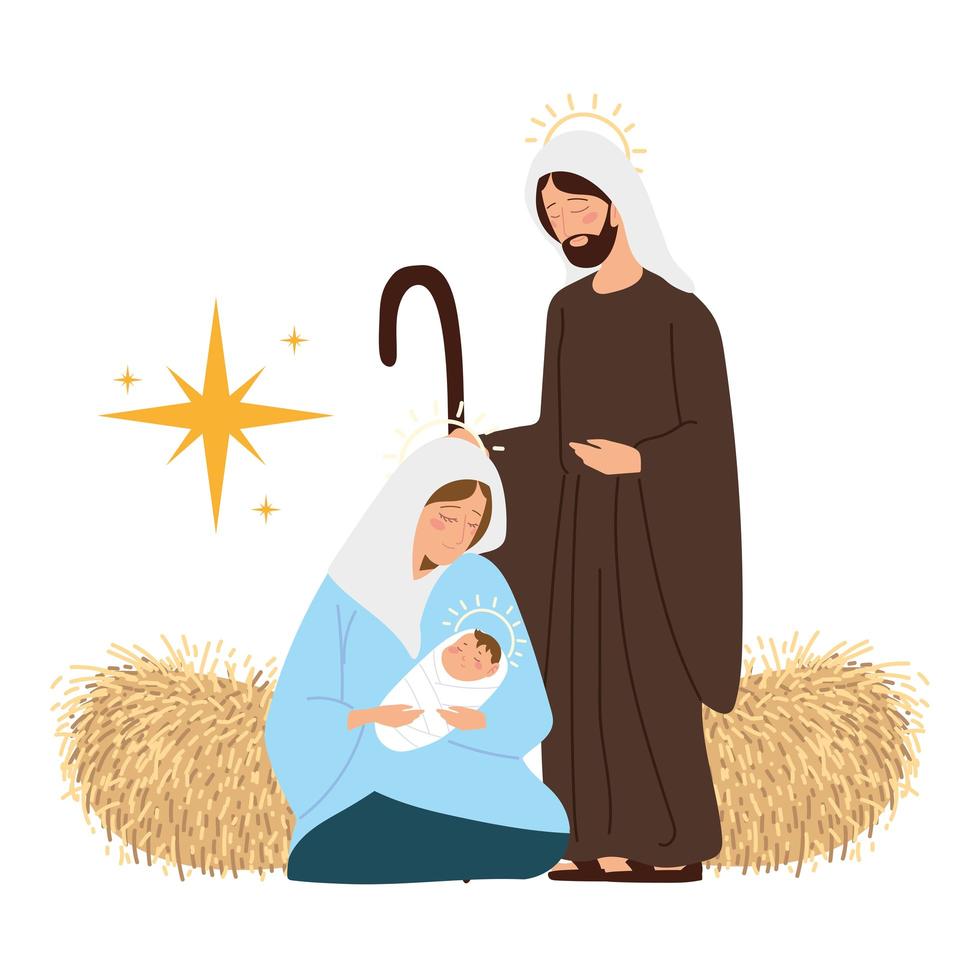 nativity, manger scene holy mary with baby jesus and joseph vector