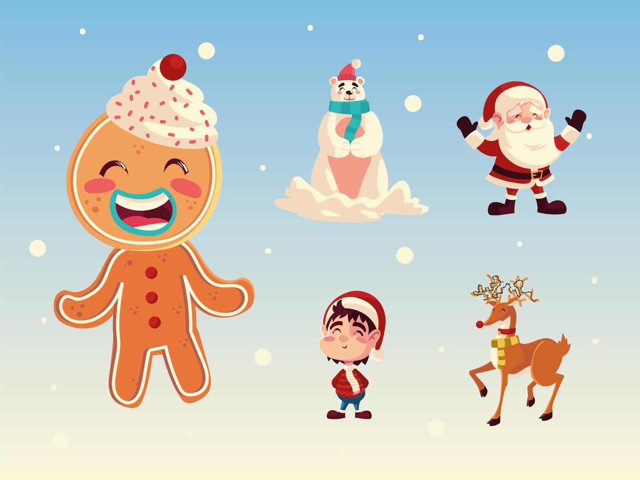 christmas santa gingerbread man reindeer bear and girl with snow vector