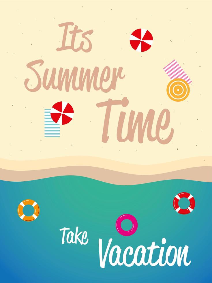 summer vacation travel, top view beach sand with float and towels vector