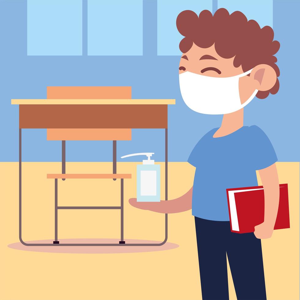 back to school for new normal, student boy with book and hand sanitizer in the classroom vector