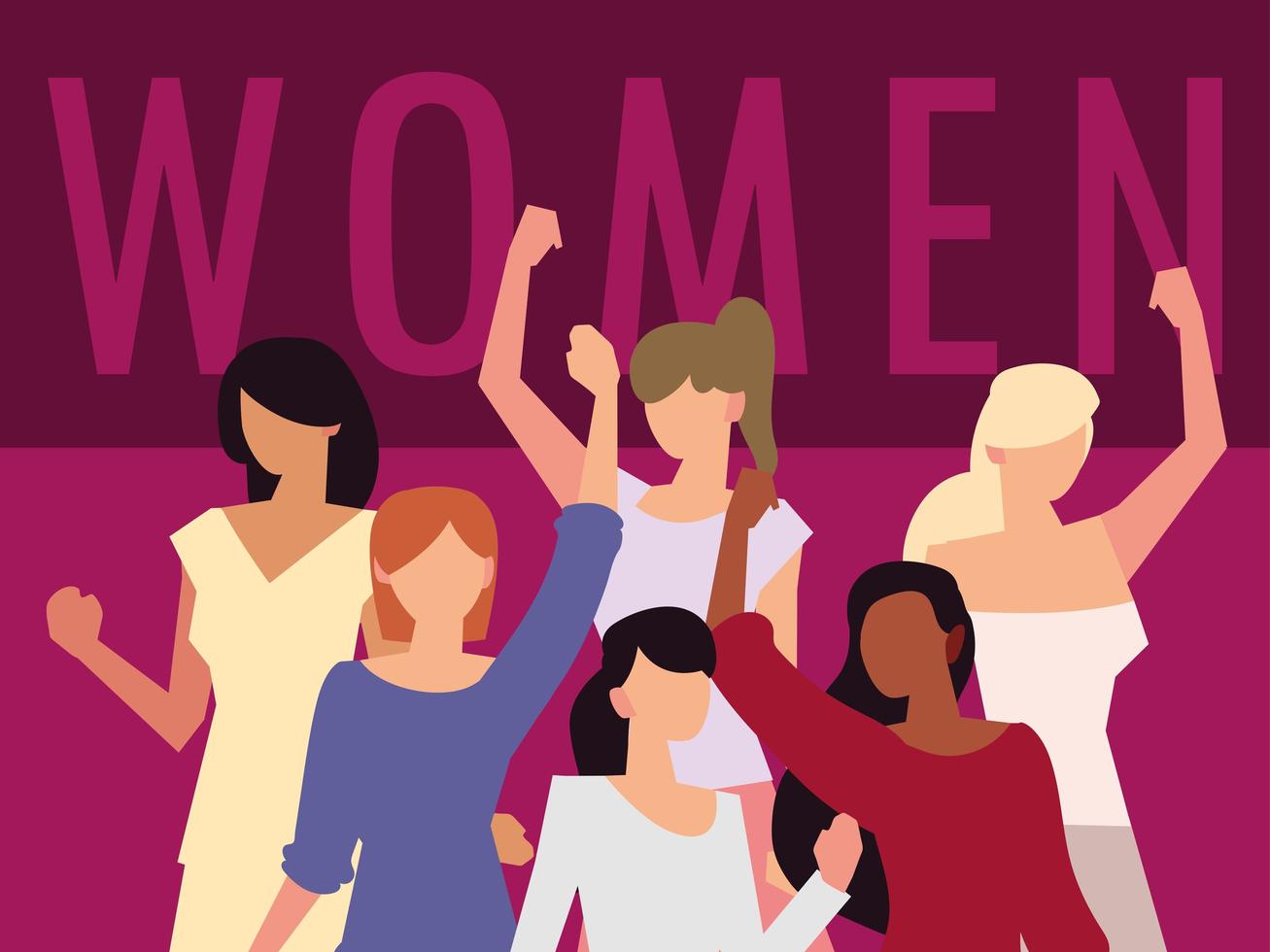 women rights feminist, female group hands up characters vector