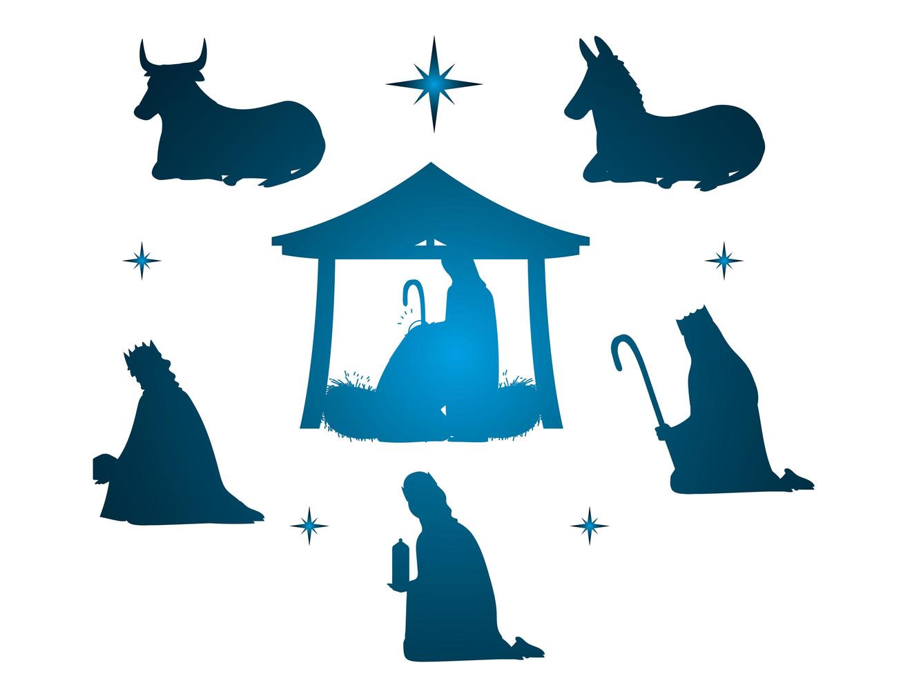 natividad, personajes degradados pesebre familia reyes sabios y animales vector