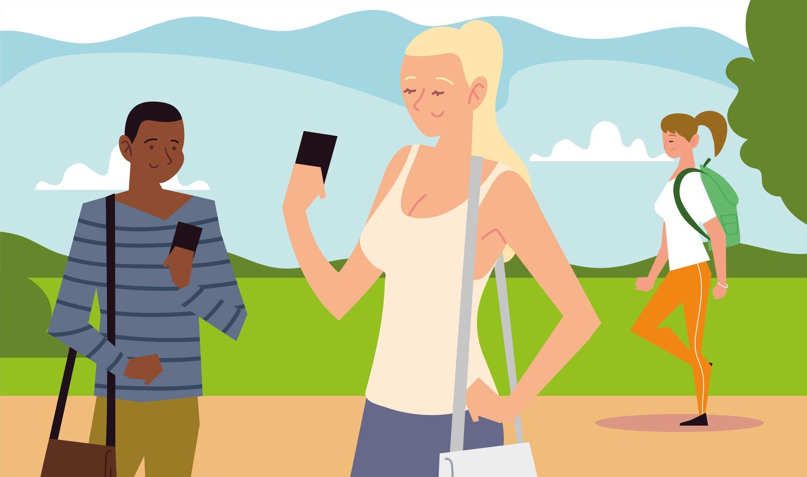 people outdoor activity, persons with smartphone and girl walking vector