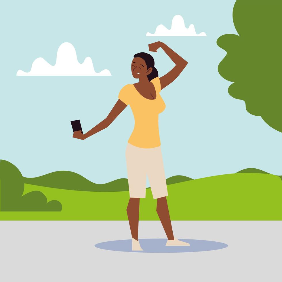 Mujer afroamericana tomando gesto selfie en el parque vector