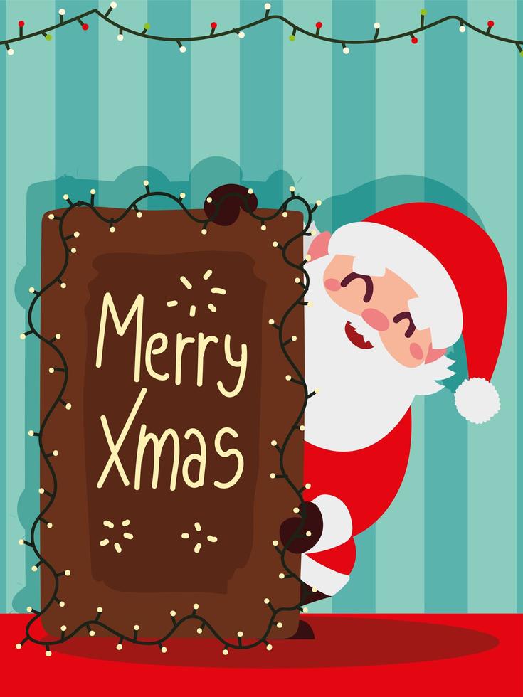 christmas santa claus with board lettering lights decoration striped background vector