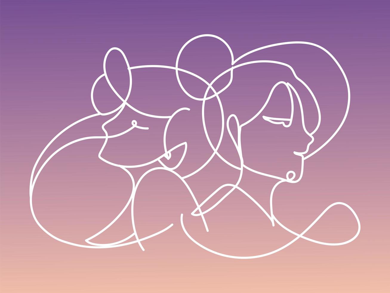 two women portrait continuous line style gradient background vector