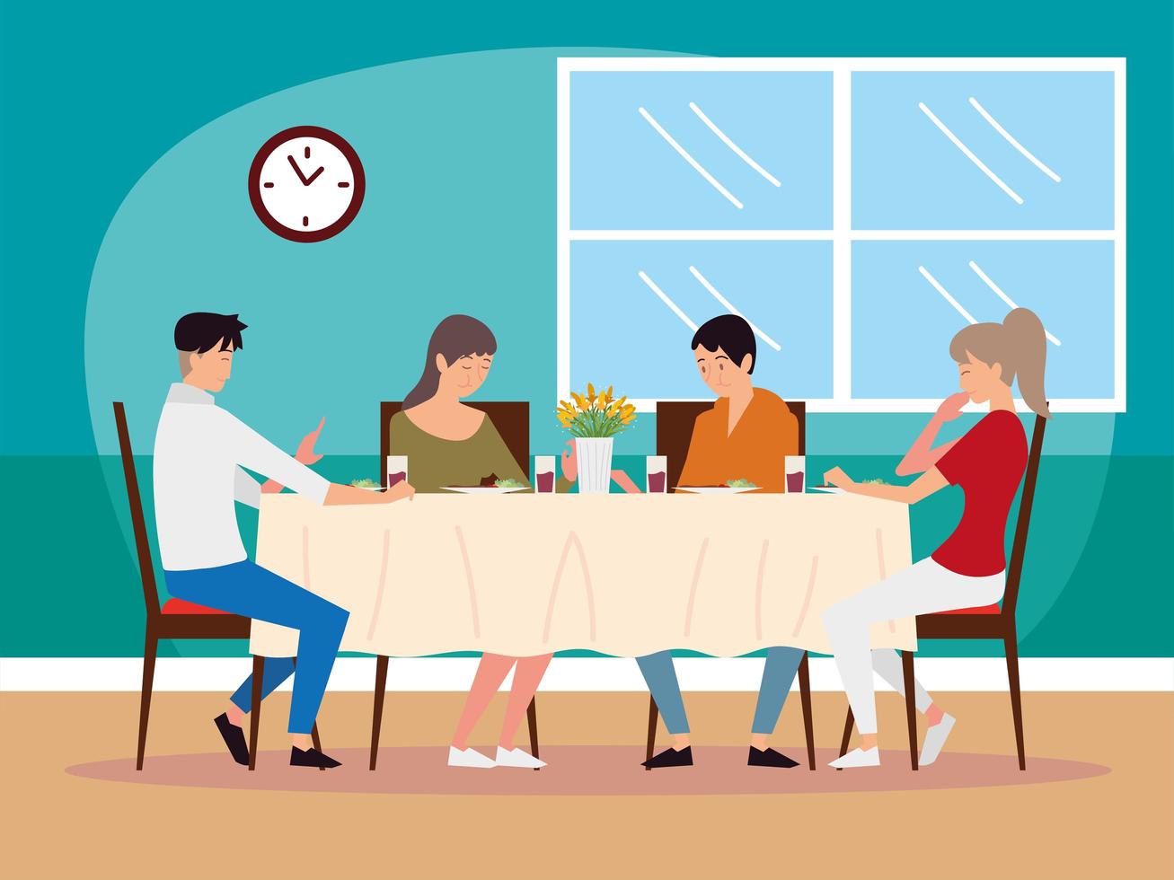 cartoon characters father, mother, son and daughter having meal together vector