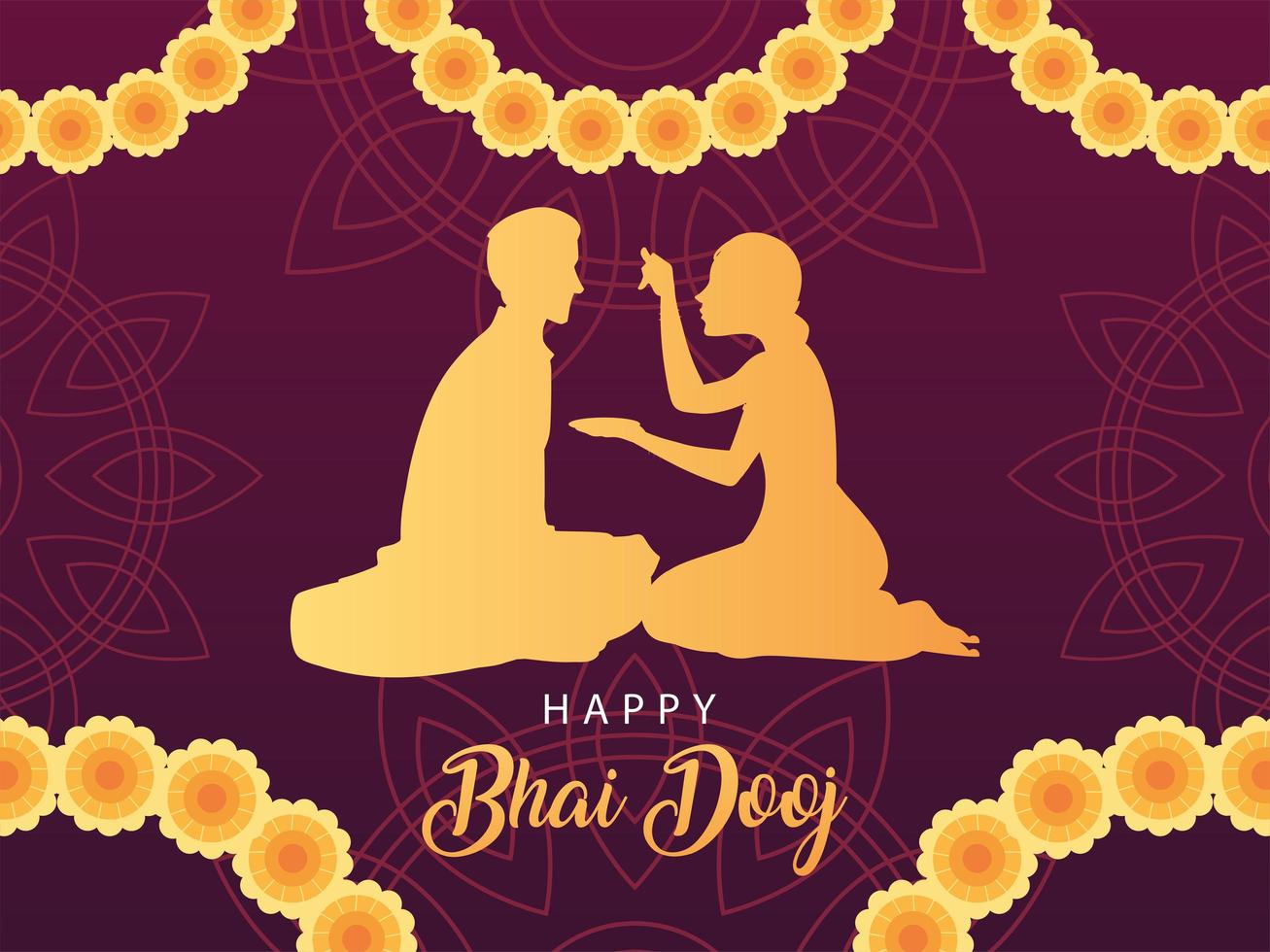 happy bhai dooj with indian woman and man silhouette with flowers vector design