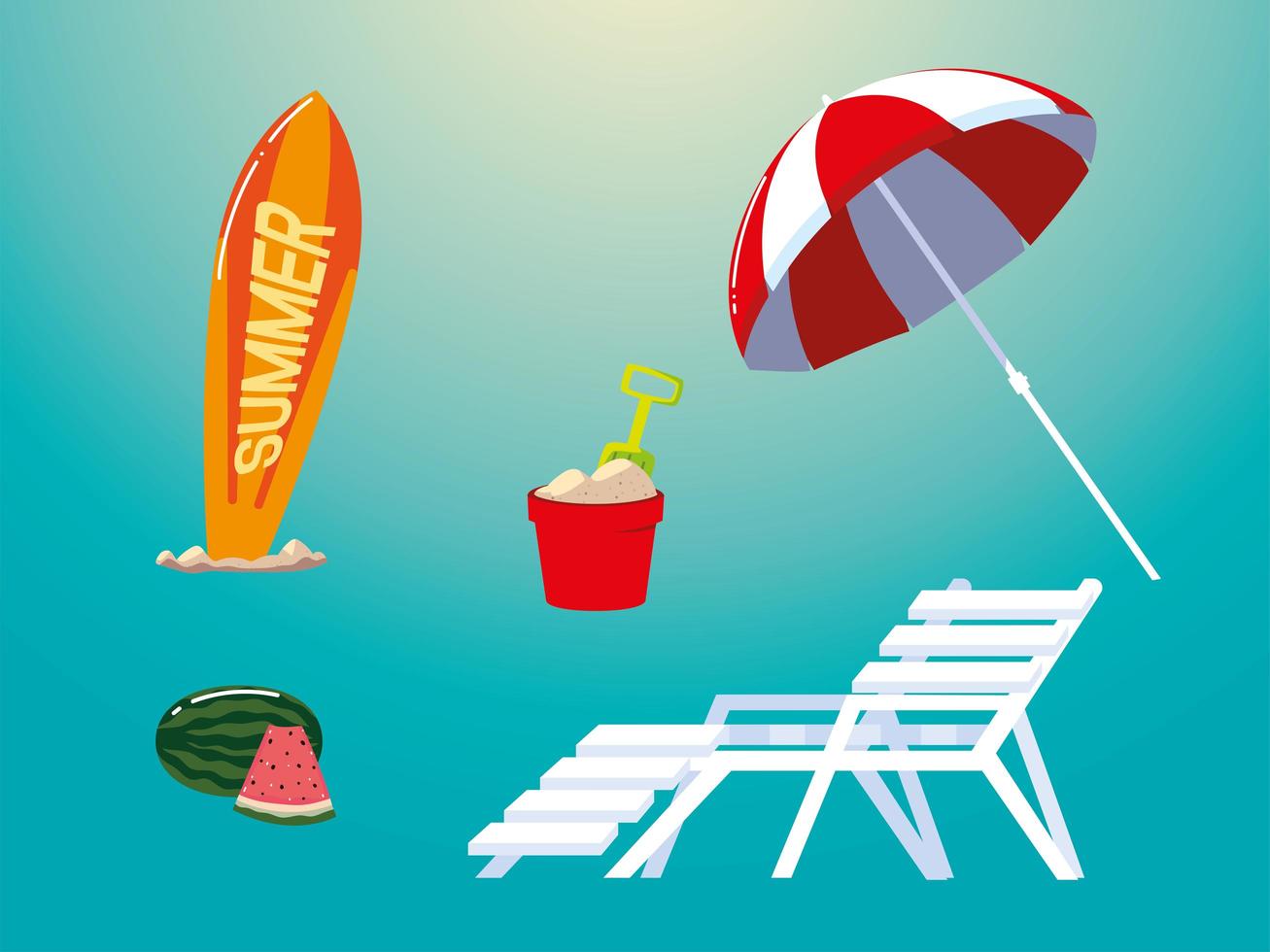 summer vacation travel, umbrella surfboard bucket deck chair and watermelon icons vector