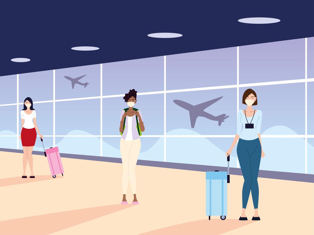 airport new normal, women with masks and physical distancing vector