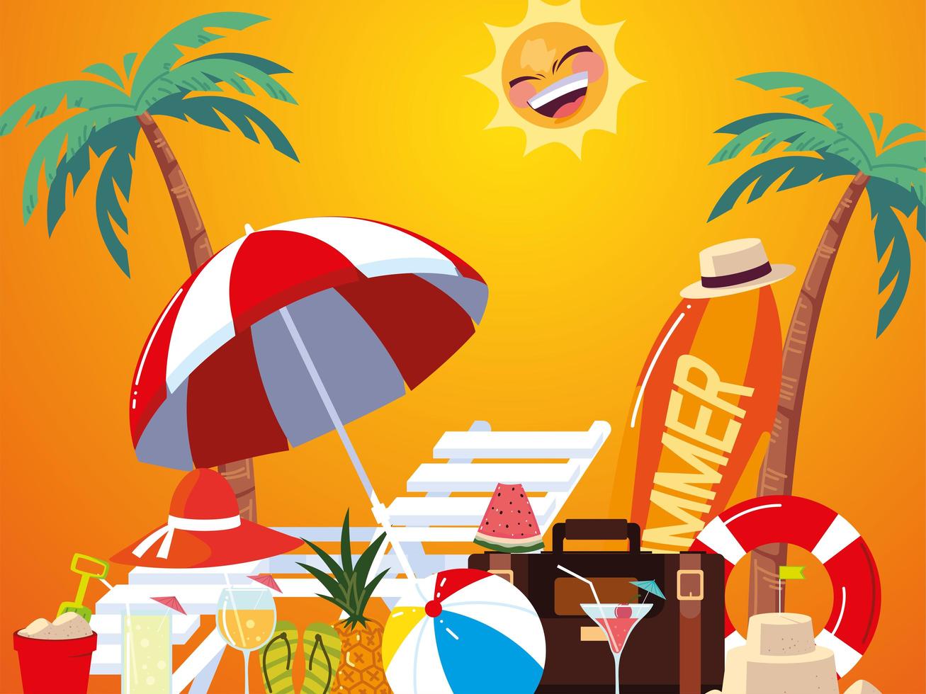 summer vacation travel, surfboard umbrella chair fruits cocktail tropical palms vector