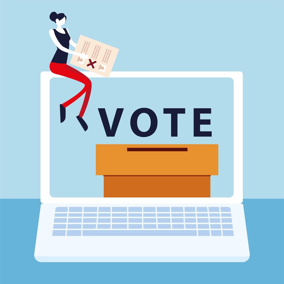día de las elecciones, mujer con papeleta sentada en la votación en línea portátil vector