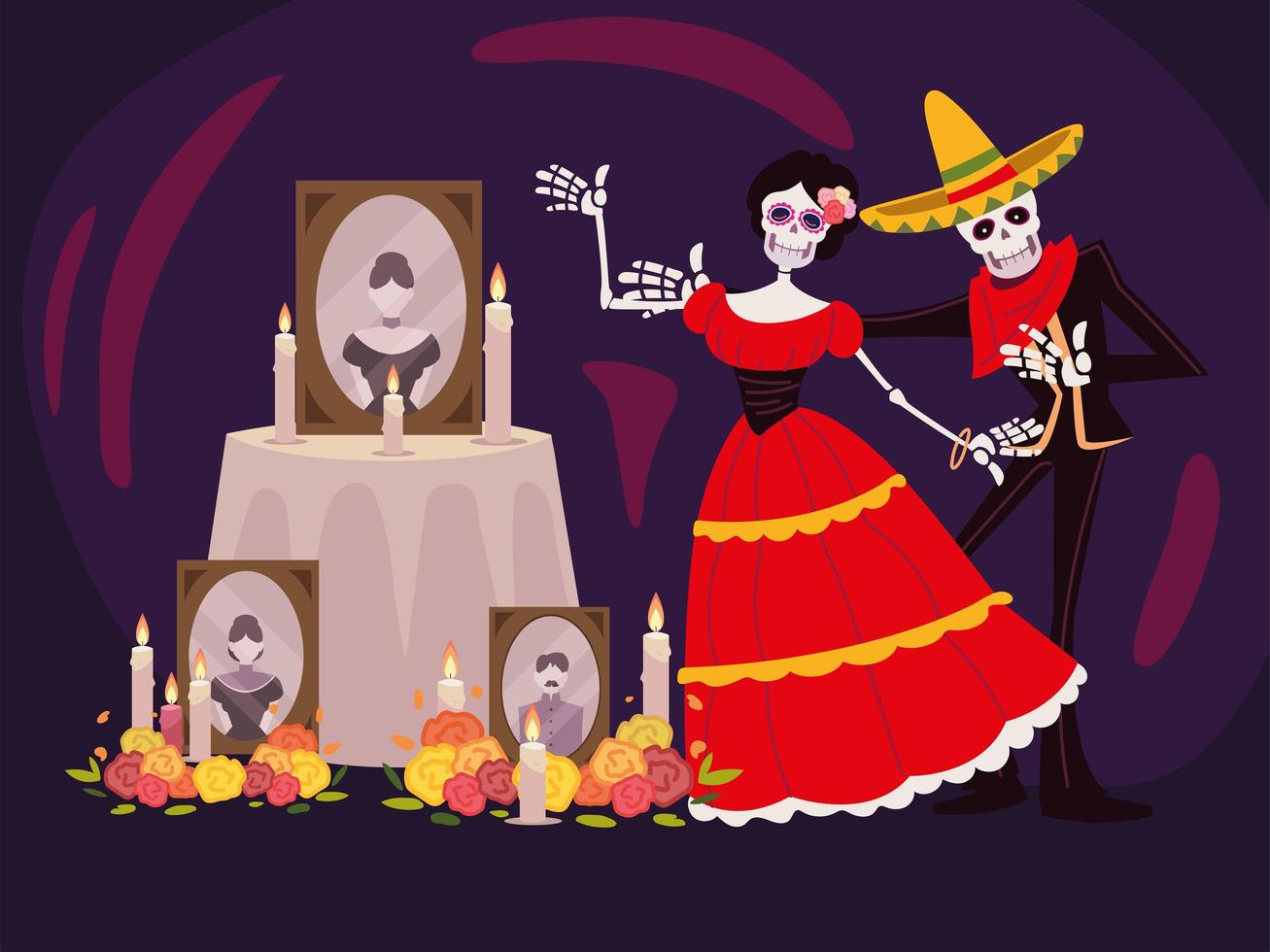 day of the dead, catrina skeleton altar with photos candles and flowers, mexican celebration vector